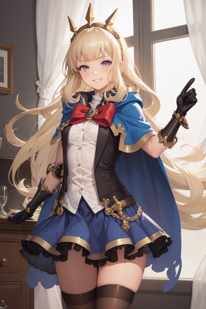 masterpiece, best quality, absurdres, perfect anatomy, 1girl, solo, Cagliostro, long hair, blue skirt, shirt, gloves, bow,...